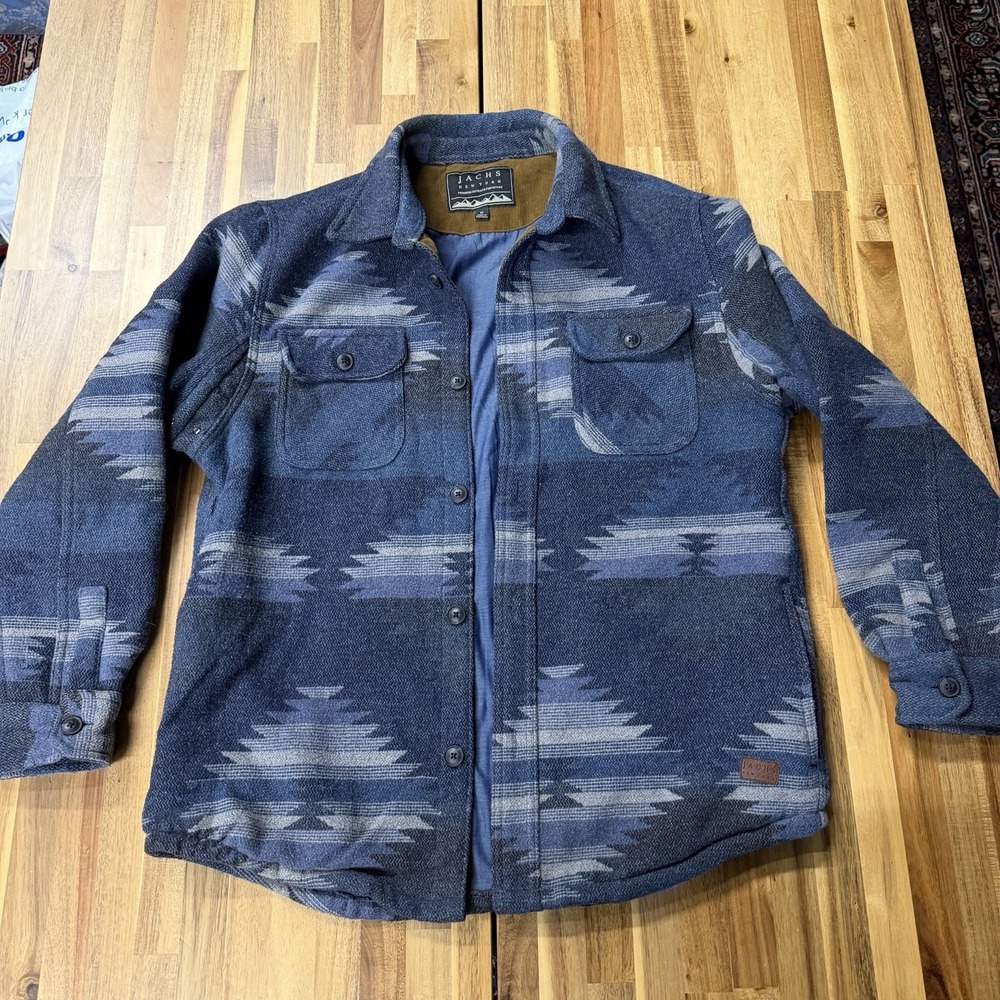 JACHS New York Men's M Fully Lined Wool Blend Blue Grey Aztec Shirt Jacket